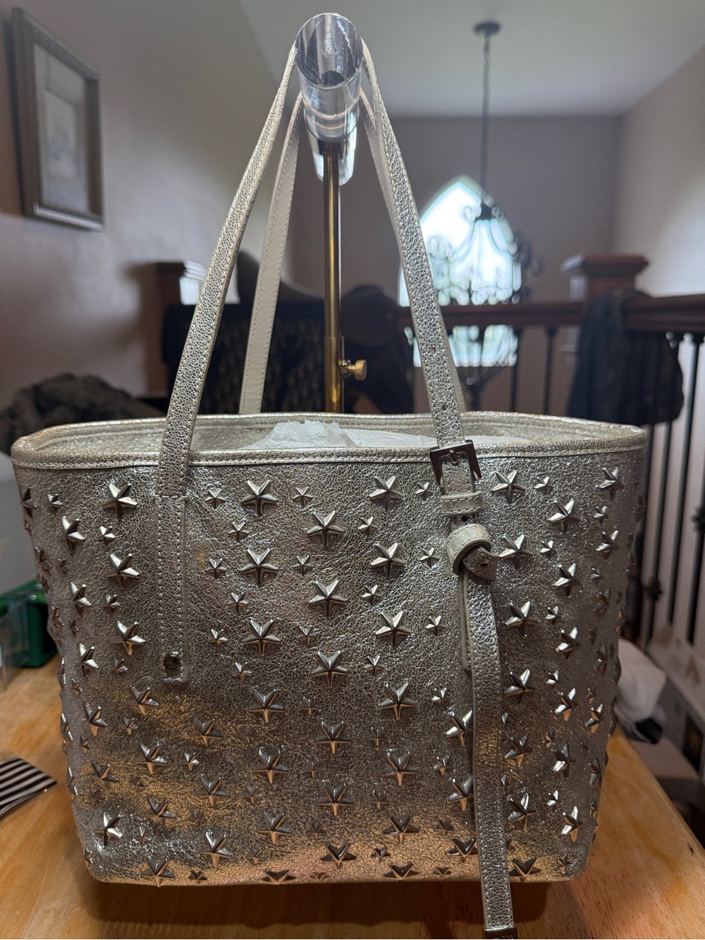 Jimmy Choo Silver Star-Studded Shoulder Tote